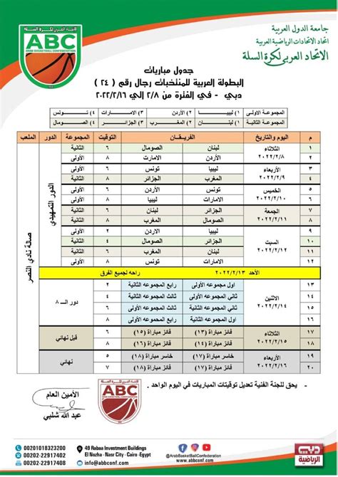 القنوات الناقلة + جدول مباريات البطولة العربية لكرة السلة 2022