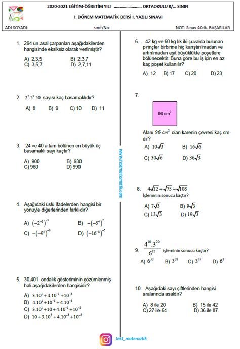 1 dönem 1 yazılı 8 sınıf