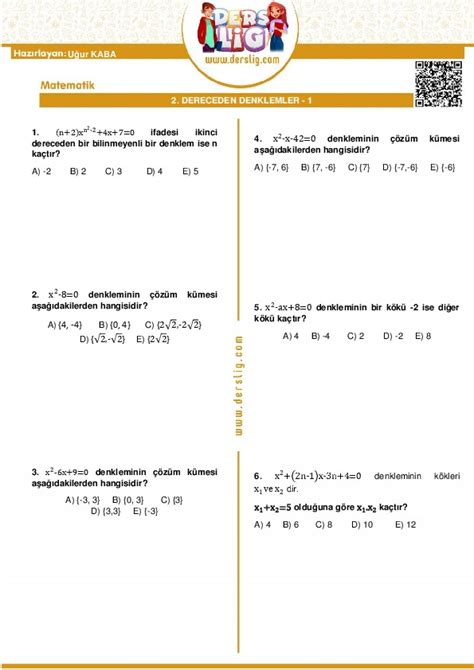 10 sınıf matematik ikinci dereceden denklemler soru