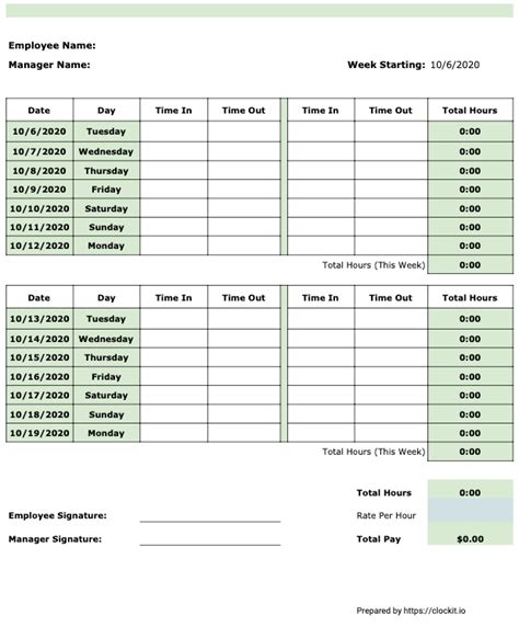 2 Week Time Clock Calculator