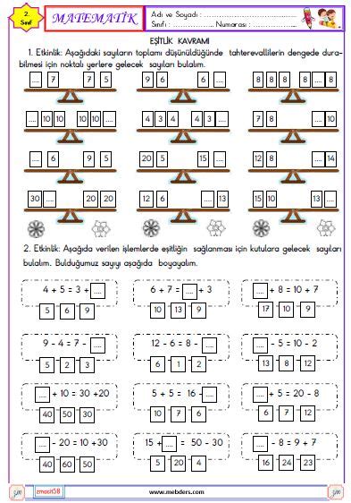 2 sınıf eşitlik alıştırmaları