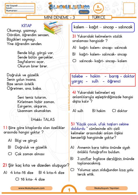 3 sınıf testleri hepsi