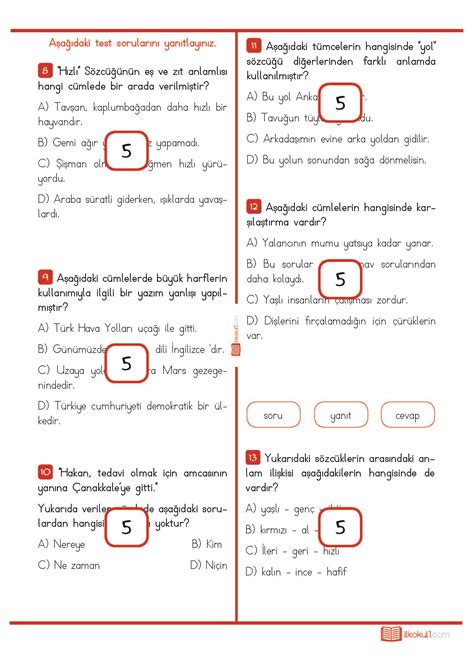 4 sınıf bursluluk sınavı soruları ve cevapları