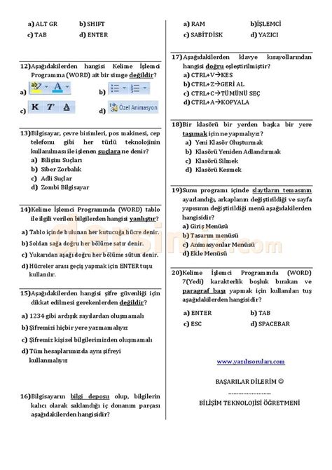 5 sınıf bilişim teknolojileri 2 dönem 1 yazılı soruları