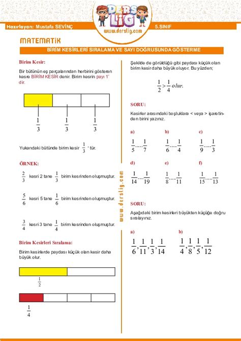 5 sınıf kesirleri sıralama testi çöz