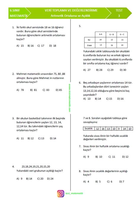 6 sınıf aritmetik ortalama ve açıklık testleri eğitimhane