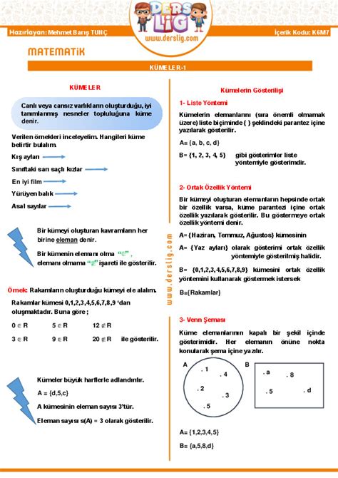 6 sınıf kümeler pdf test