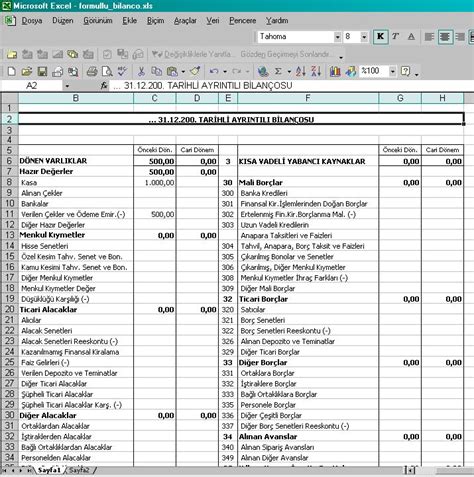 Boş bilanço örneği excel