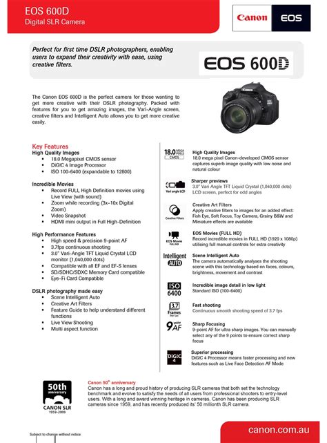 Canon 600d Specifications Pdf