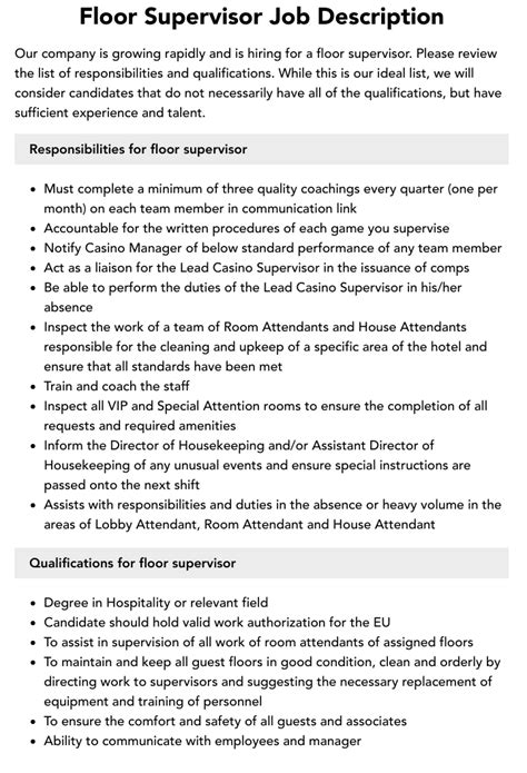 Casino Floor Supervisor Job Description