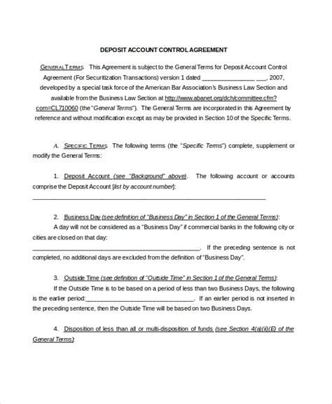 Deposit Account Control Agreement Template