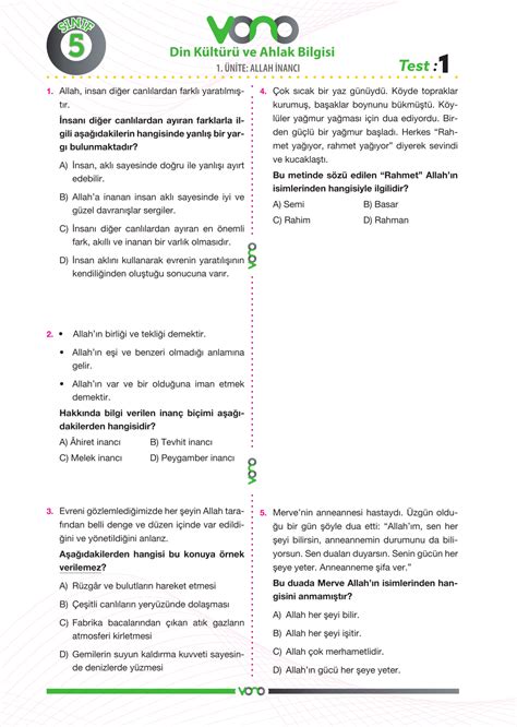 Din kültürü ve ahlak bilgisi 5 sınıf test pdf