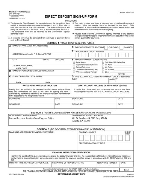 Direct Deposit Authorization Form Military