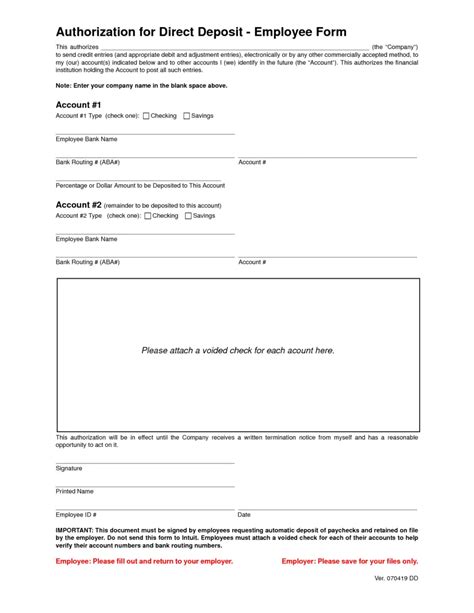 Employee Direct Deposit Form Template