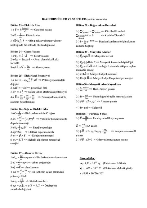 Fizik 11 sınıf formüller