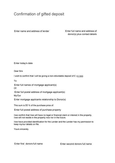 Gifted Deposit Letter Example