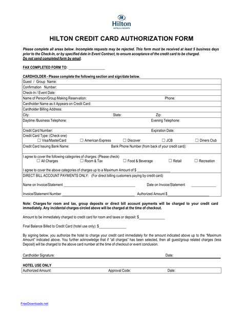 Hilton Credit Card Authorization Form