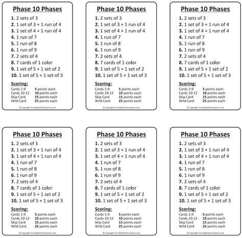 Phase 10 Phases Printable