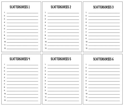 Scattergories Printable Answer Sheets