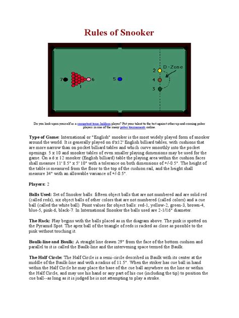 Snooker Rules Sheet