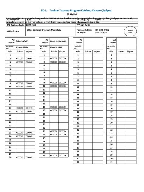 Toplum yararına program katılımcı devam çizelgesi excel