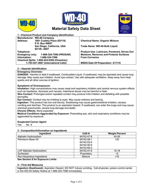 Wd 40 Safety Data Sheet